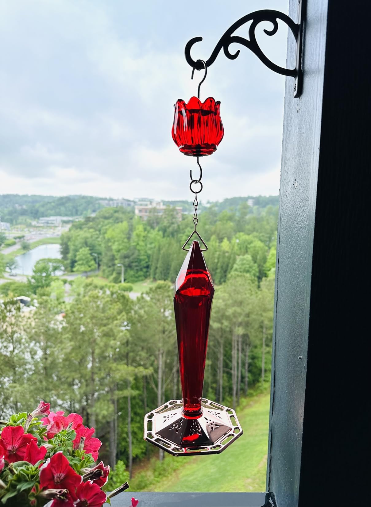 Foso de cristal real para comederos de colibríes y comederos de oropolas, protector de insectos en forma de tulipán de vidrio con diseño de flores de gran capacidad, ganchos para comedero de néctar