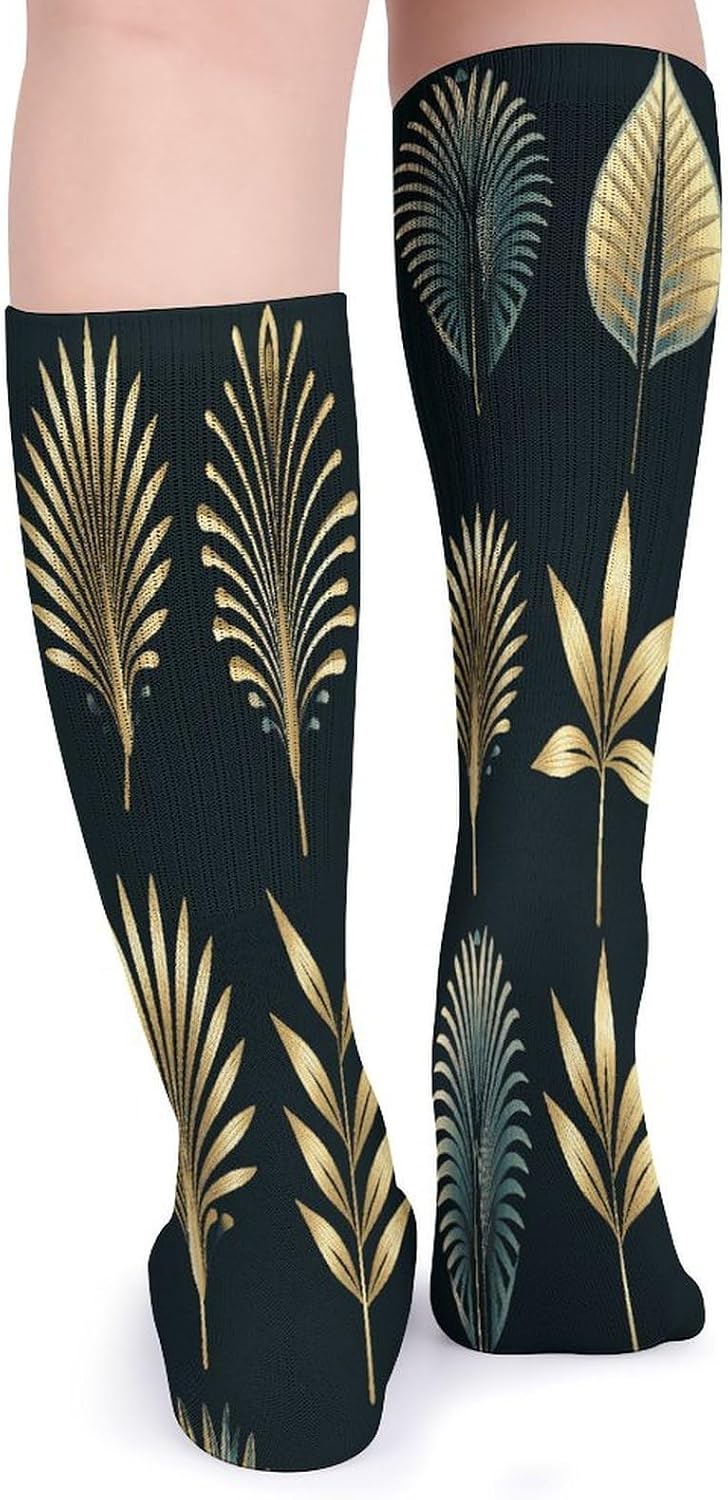 Golden Palm Leaves Stocking - Cute Casual Long Athletic,Crew Sock for Men Women,Running Socks Soft Breathable for Gift