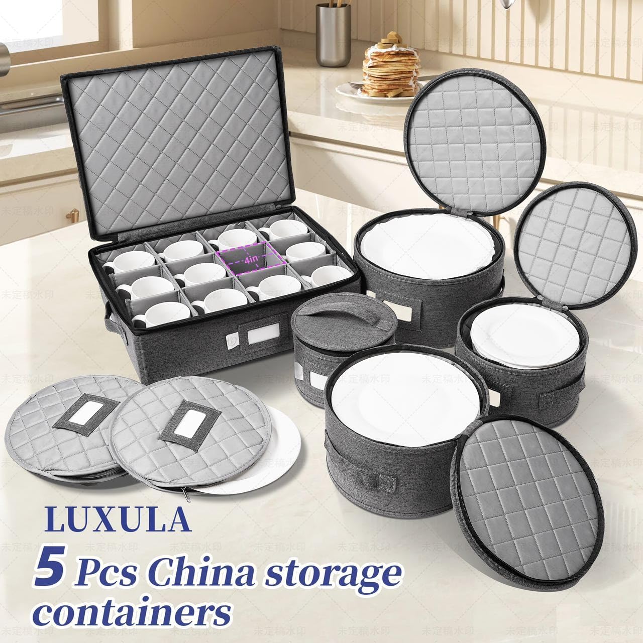 LUXULA China Storage Containers for 12 Place Setting with Two Plate Bags, 5 Pcs Hard Shell Quilted China Storage Cases for Dinner Plates, Salad Plates, Dessert Plates, Saucers, Cups & Mug Storage