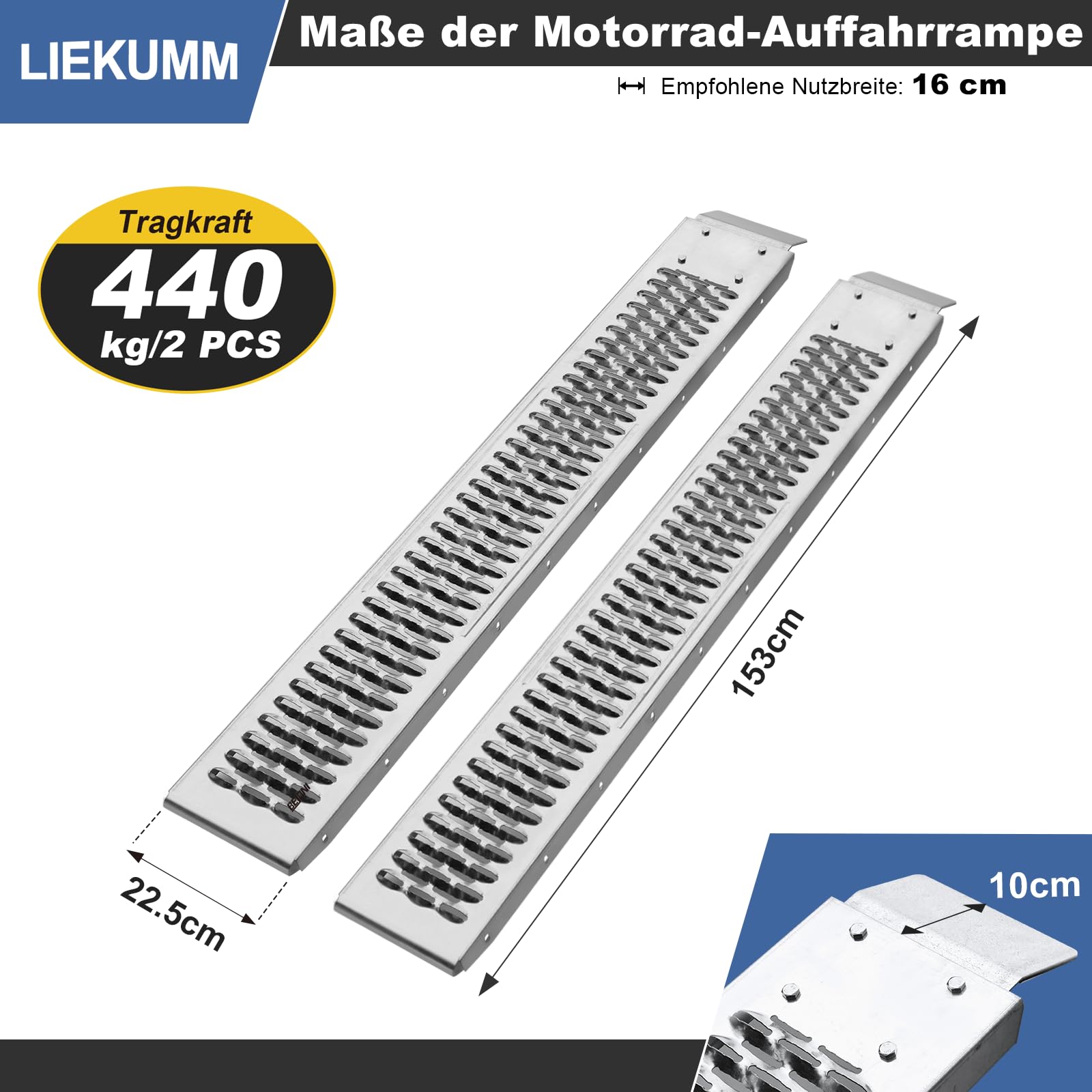 LIEKUMM 2 rampe di carico da 153 x 22,5 cm, portata 440 kg, per moto | Rampa di carico in acciaio per rimorchi, auto, garage, moto elettriche, ATV, officina, magazzino, moto
