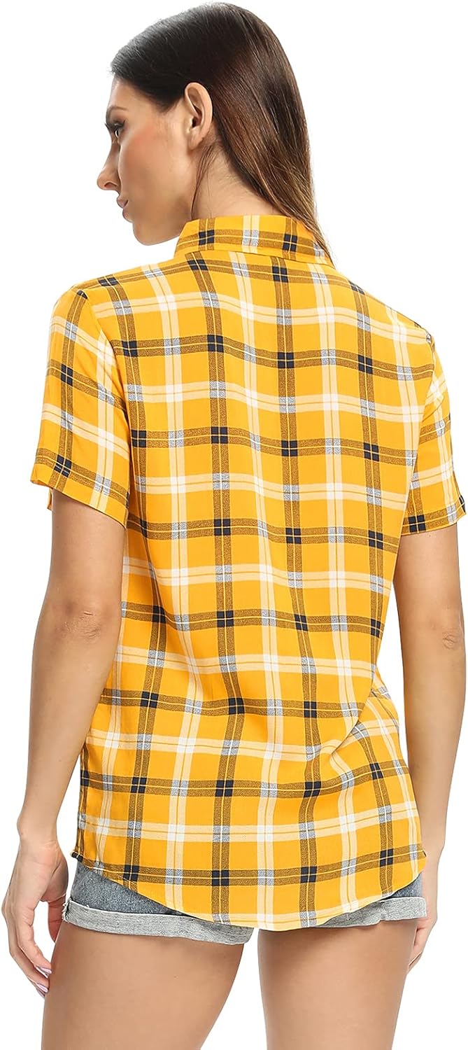 OCHENTA Women's Short Sleeve Plaid Button Down Shirt Casual Summer Blouses Tops C Yellow White XL - Image 2