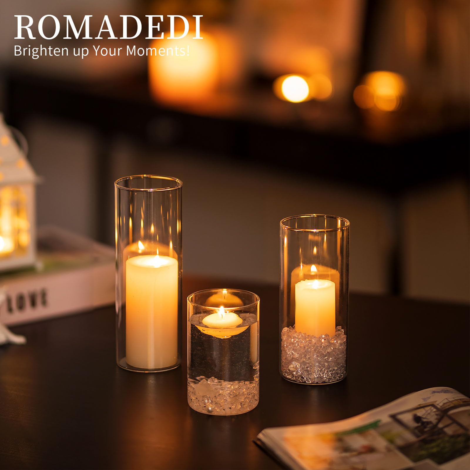 Romadedi Candelabro in vetro portacandele – 3 portacandele trasparenti per candele galleggianti, candele in vetro con fondo per erba della pampa, vasi per decorazione da tavolo, soggiorno, matrimonio,