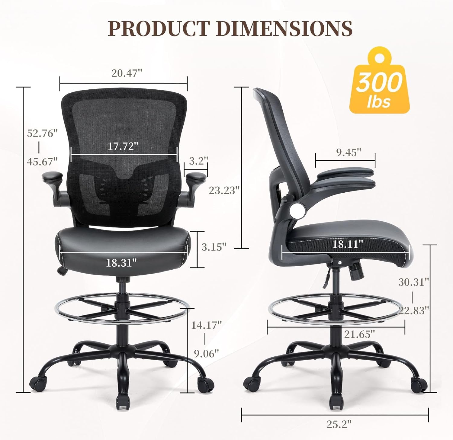 Drafting Chair, Tall Office Chair with PU Leather Seat, Ergonomic Standing Desk Chair with Lumbar Support Counter Height Office Chair with Adjustable Footrest Ring Flip-up Armrests