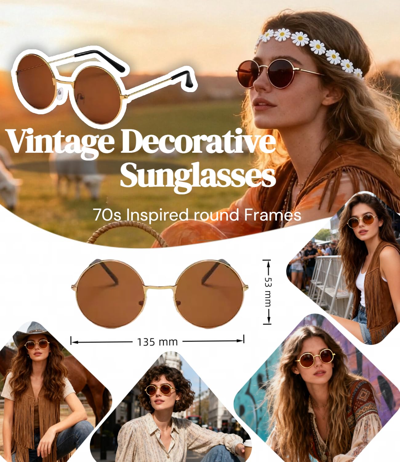 kasahara Hippie Accessoires 5 Stück Set, Hippie Kostüm Damen Kleidung, 60er 70er Jahre Bekleidung Abba Kostüm Accessoires Faschingskostüme Karneval Damen Boho Zubehör