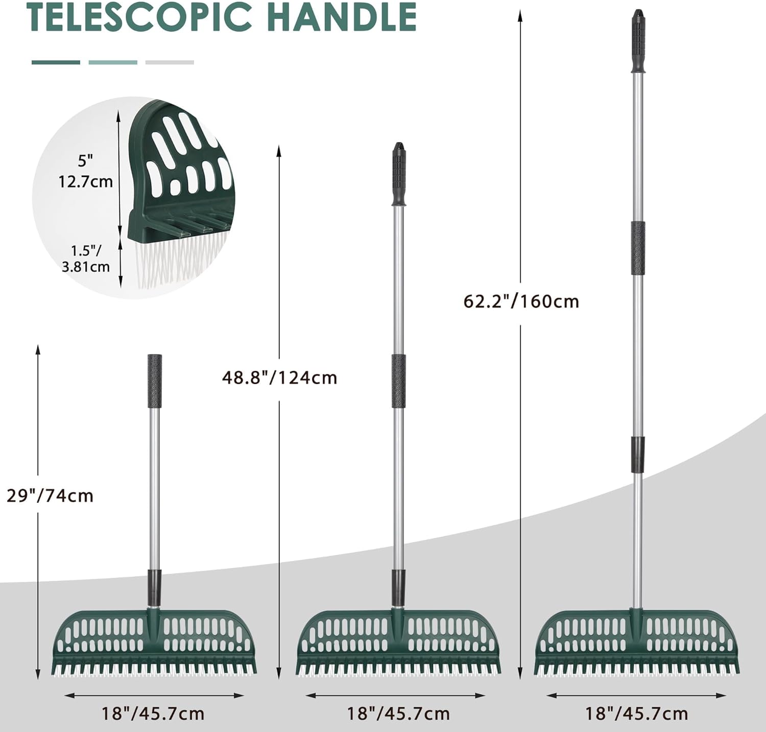 ORIENTOOLS Garden Leaf Rake 2 in 1 Turf Rake for Artificial Grass and Lawn with Telescopic Steel Handle, 49" to 63" Long
