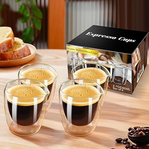 Miniatura 7 de PARACITY Juego de 4 tazas de espresso, vaso de chupito de espresso de doble pared con boquilla, taza de café expresso de vidrio borosilicato alto,