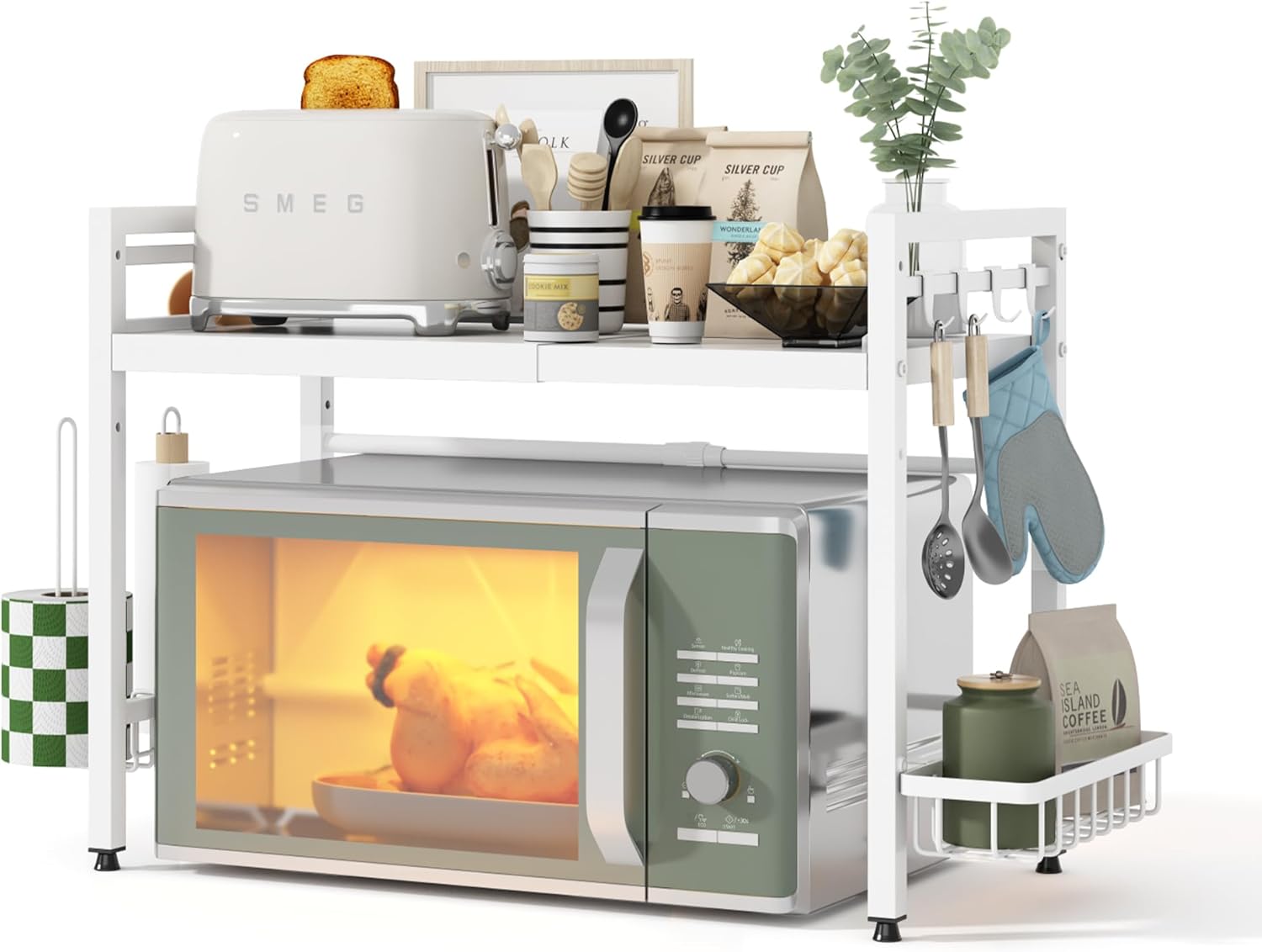 NETEL Expandable Microwave Stand,2 Tier Metal Kitchen Countertop Organizer Shelves with Paper Towel Holder and Baskets,Bakers Rack,Microwave Shelf,Microwave Oven Rack,55lbs Weight Capacity,White