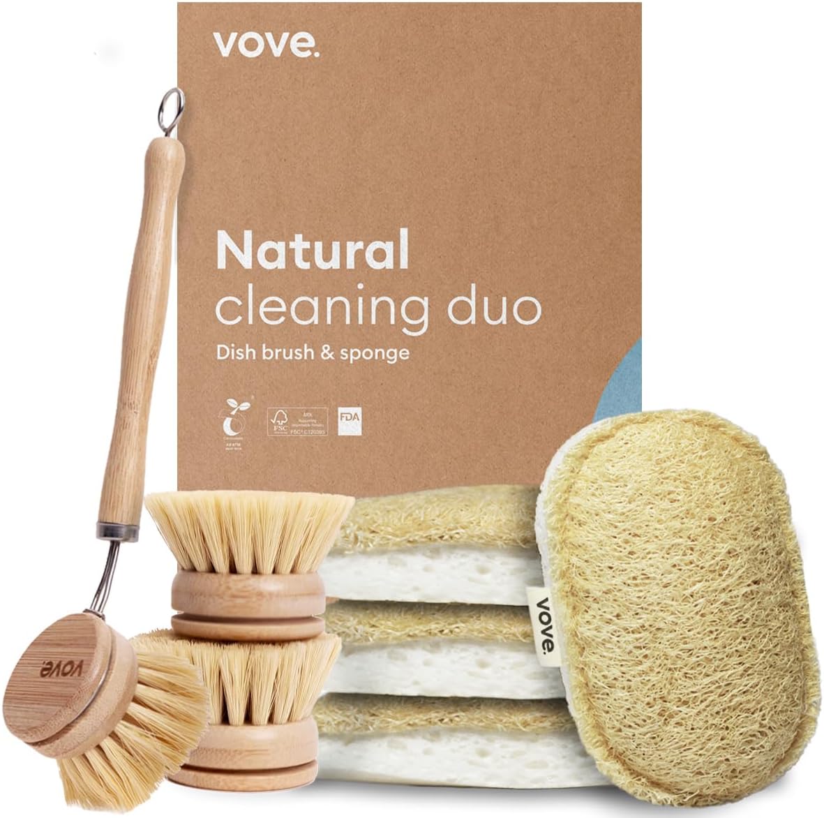 Eco Kitchen Cleaning Bundle | Bamboo Dish Brush & 6 Natural Sponges | 3 Replacement Heads | Sustainable & Plastic-Free | Versatile Cleaning | High-Performance