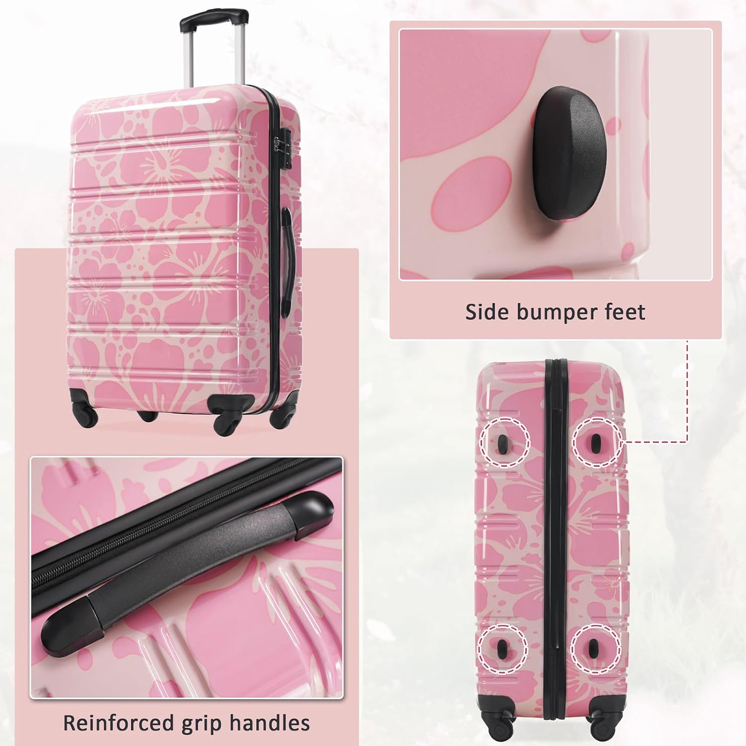 Hardshell Luggage Sets 3 Piece with Spinner Wheels, Floral Luggage Sets Pink with TSA Lock for Women Girls Teens, Lightweight (20”/24”/28”) (Pink Floral)