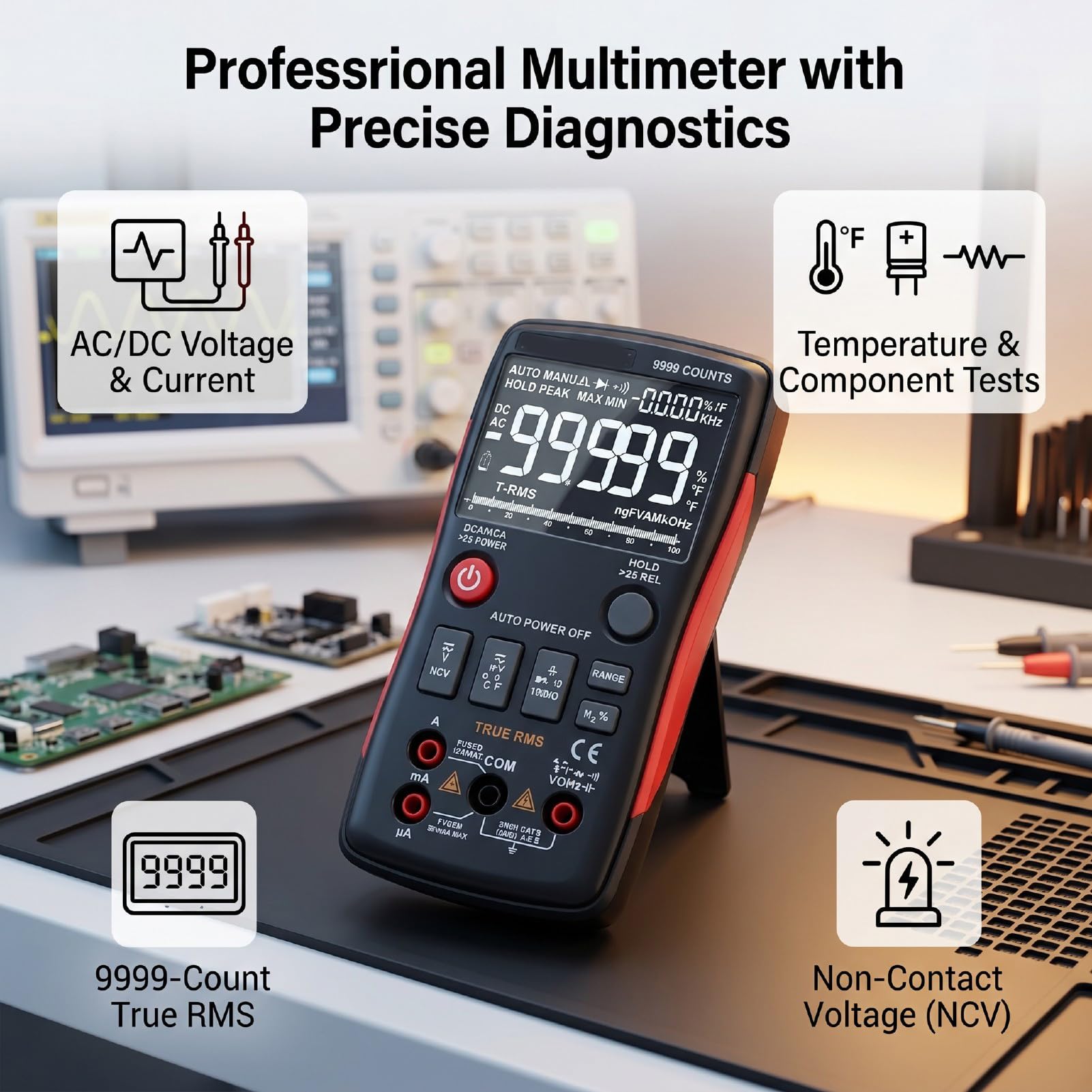Multímetro Digital RMS Verdadero de 9999 Recuentos Rango Automático NCV Medidor de Voltaje sin Contacto Mide Voltaje CA CC Resistencia de Corriente Capacitancia Temperatura (Versión