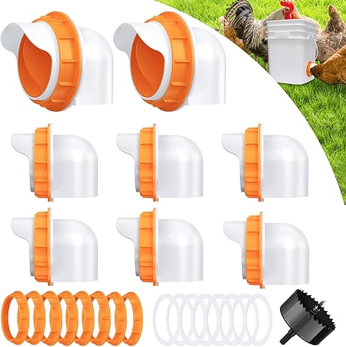 DSTANA Comedero automático para aves de corral con 8 puertos sin desperdicios, con 8 tapones y sierra de 1 agujero, kit de alimentador de pollo por