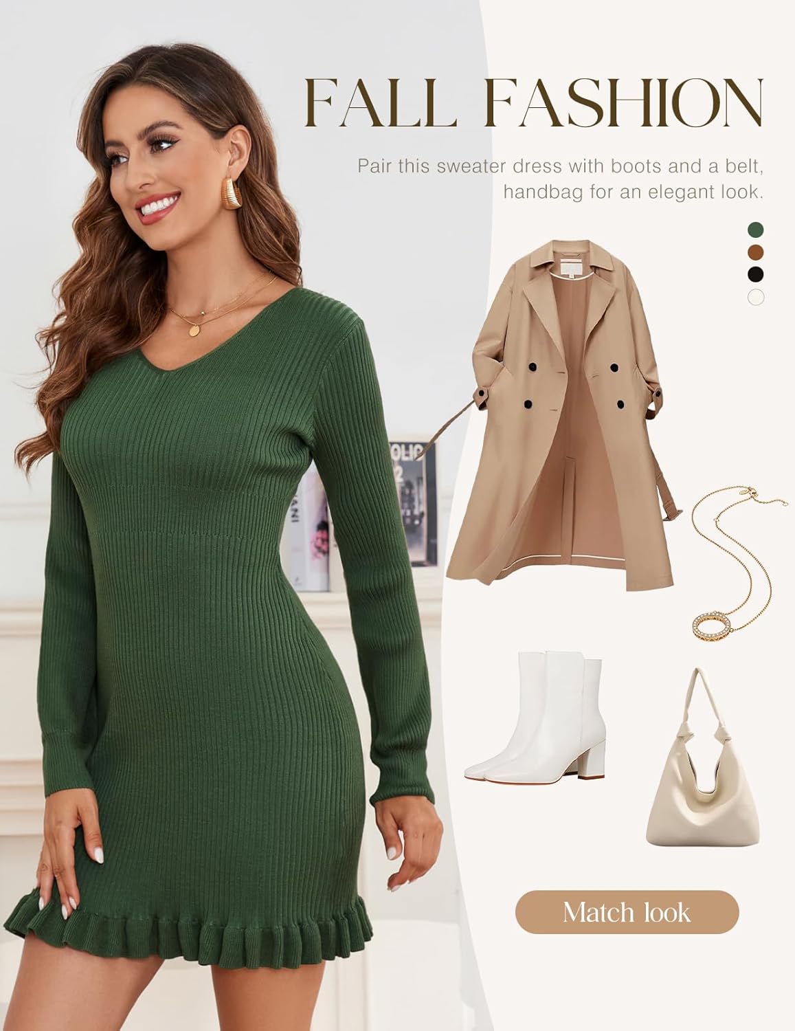 Bbonlinedress Women Long Sleeve Knit Sweater Dress Bodycon Mini Casual Pullover Ribbed Sweater Ruffle V-Neck Fall Dress - Image 4