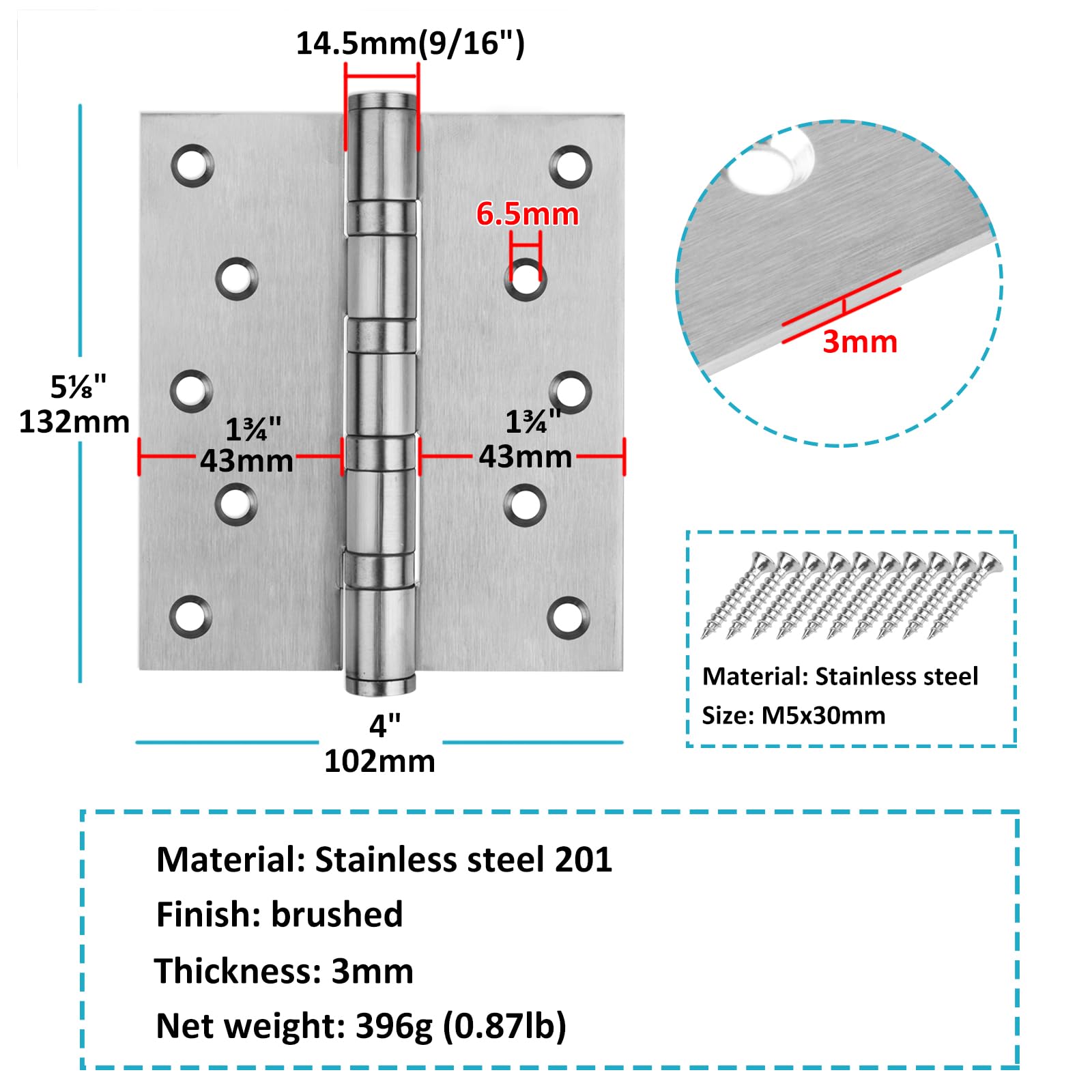 MOUNTAIN_ARK 4 Pack 5 x 4 inch Door Hinges, Stainless Steel 201