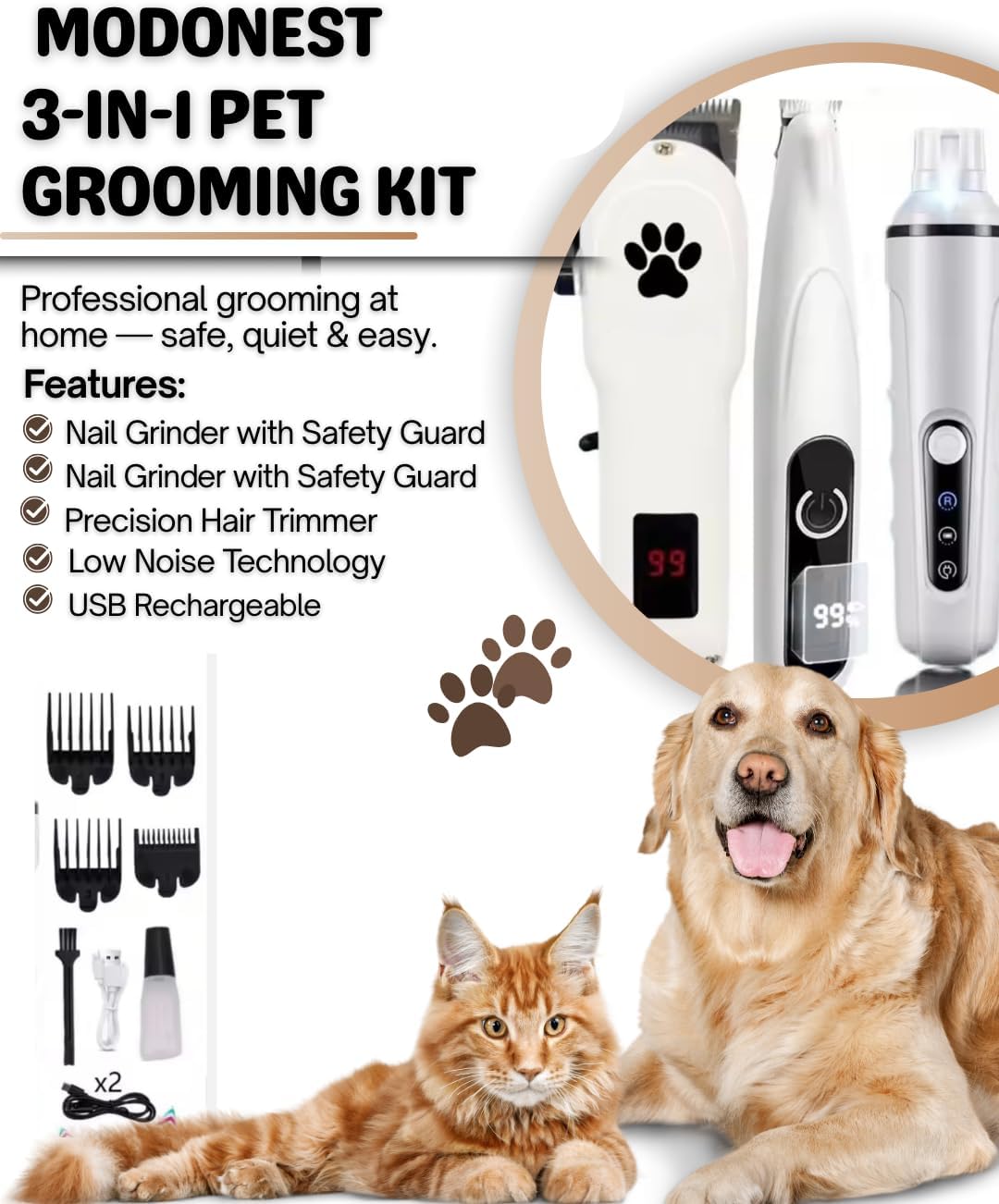 3-in-1 Rechargeable Pet Grooming Kit – Nail Grinder, Hair Trimmer & Paw Groomer for Dogs & Cats – Low Noise, Cordless