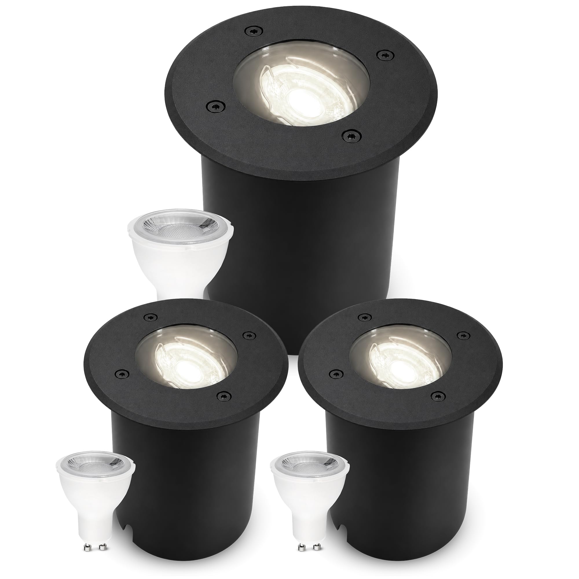 SSC-LUXon JUAVI Bodeneinbauleuchte 3er Set rund IP67 GU10 7W neutralweiß | Drei befahrbare Bodenstrahler bis 2000kg - schwenkbar & dimmbar, neutralweiß, für Garten & Wege, IP67, inkl. GU10 LED