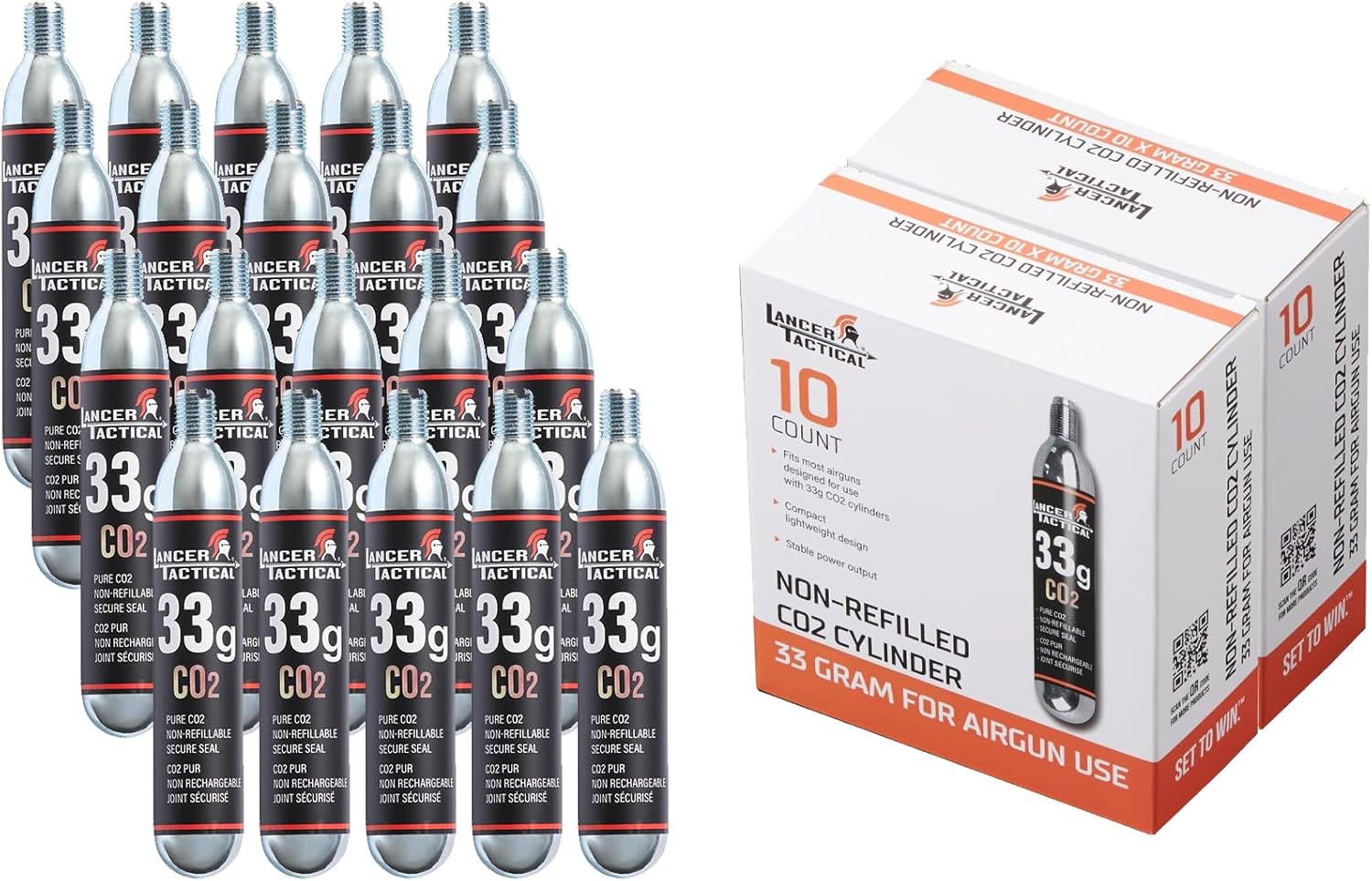 Lancer Tactical 20 Pack of 33g CO2 Cartridges for Airsoft, Airguns, Automatic/Manual Inflatable Life Jacket Lifejacket Life Vest Waist Pack Belt Lifesaving PFD