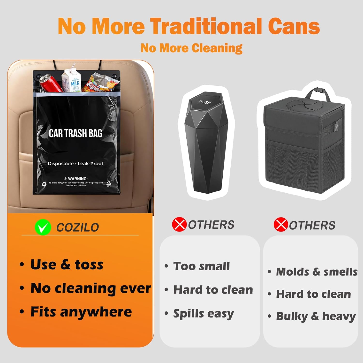100 Count Recycled Disposable Car Trash Bags - 2.5 Gallon Heavy Duty Alternative to Bulky Car Trash Can & Car Garbage Can, Leakproof Smellproof Hanging & Stick-On Garbage Bag for Car, SUV, Truck