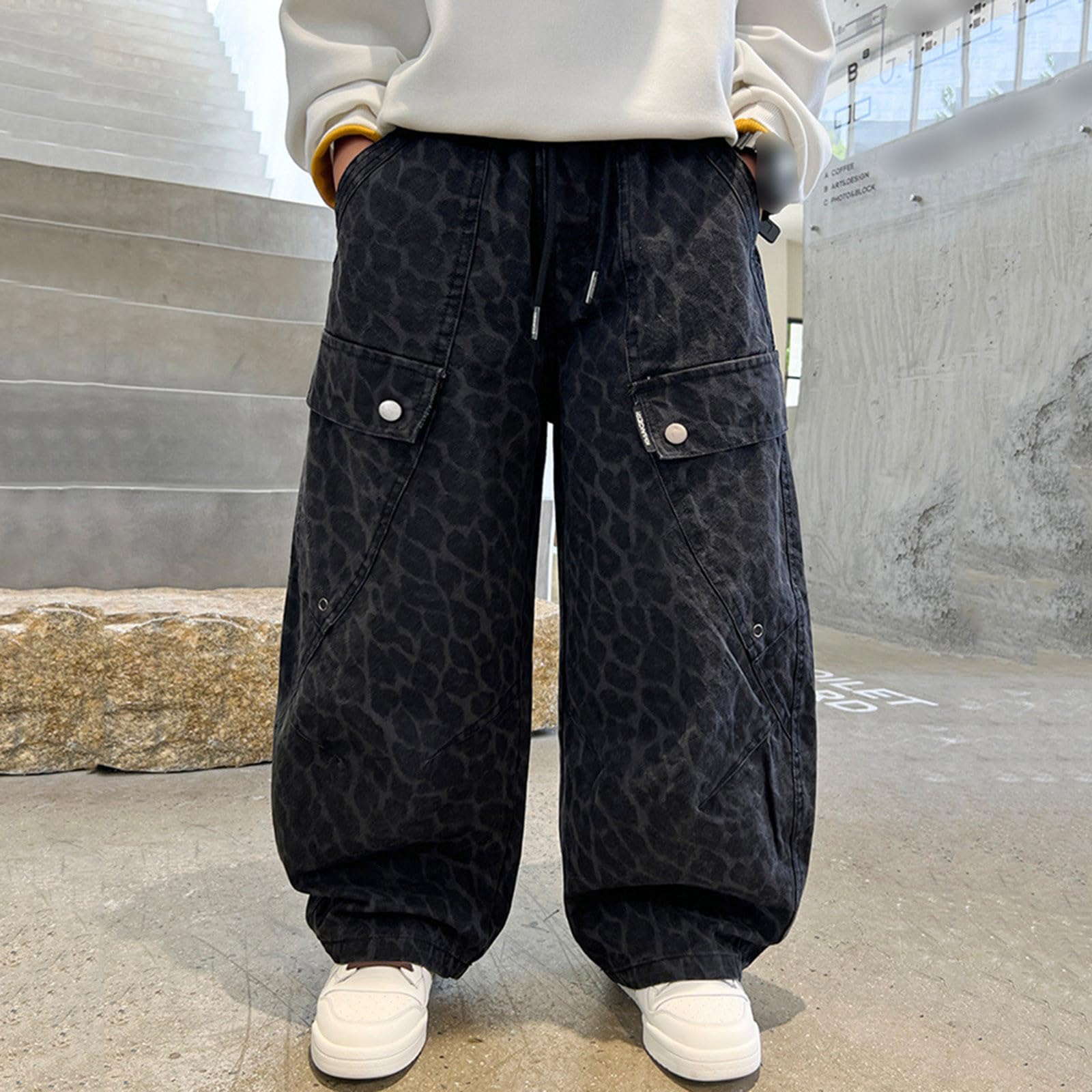 Genérico Vaqueros Niño Pantalones Cargo Baggy Jeans Estilo Y2k | Pantalones cargo con estampado de leopardo para niños, holgados, de pierna ancha, para niños grandes y adolescentes