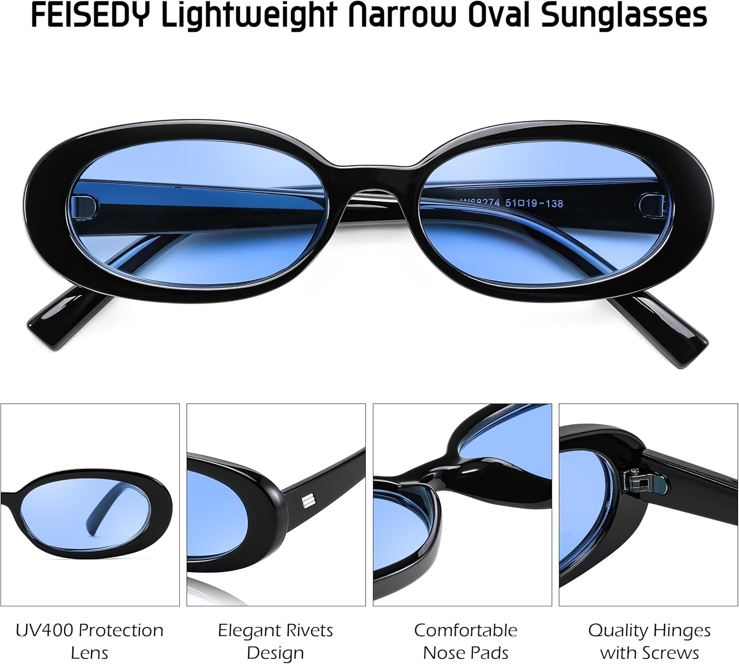 FEISEDY Women Retro Oval Sunglasses Men 90s Small with Thin Face Narrow Style UV400 B0237 Black/Blue - Image 5