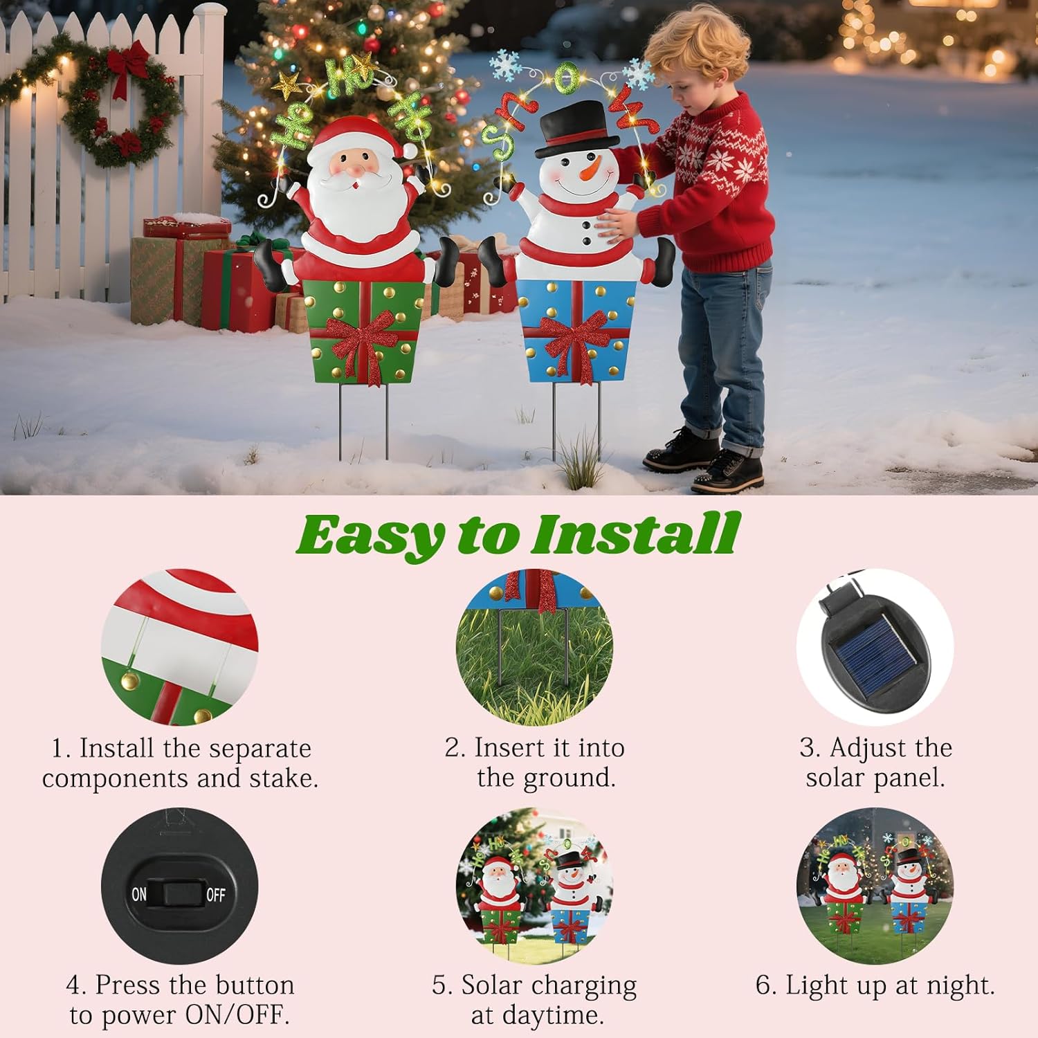 Lewondr 2 PCS Christmas Decororations Outdoor, 28.7" Solar Metal Santa Claus and Snowman Garden Stakes, Xmas Yard Signs with 2 Lighting Modes, Waterproof Solar Garden Decor for Pathway Yard Lawn Patio