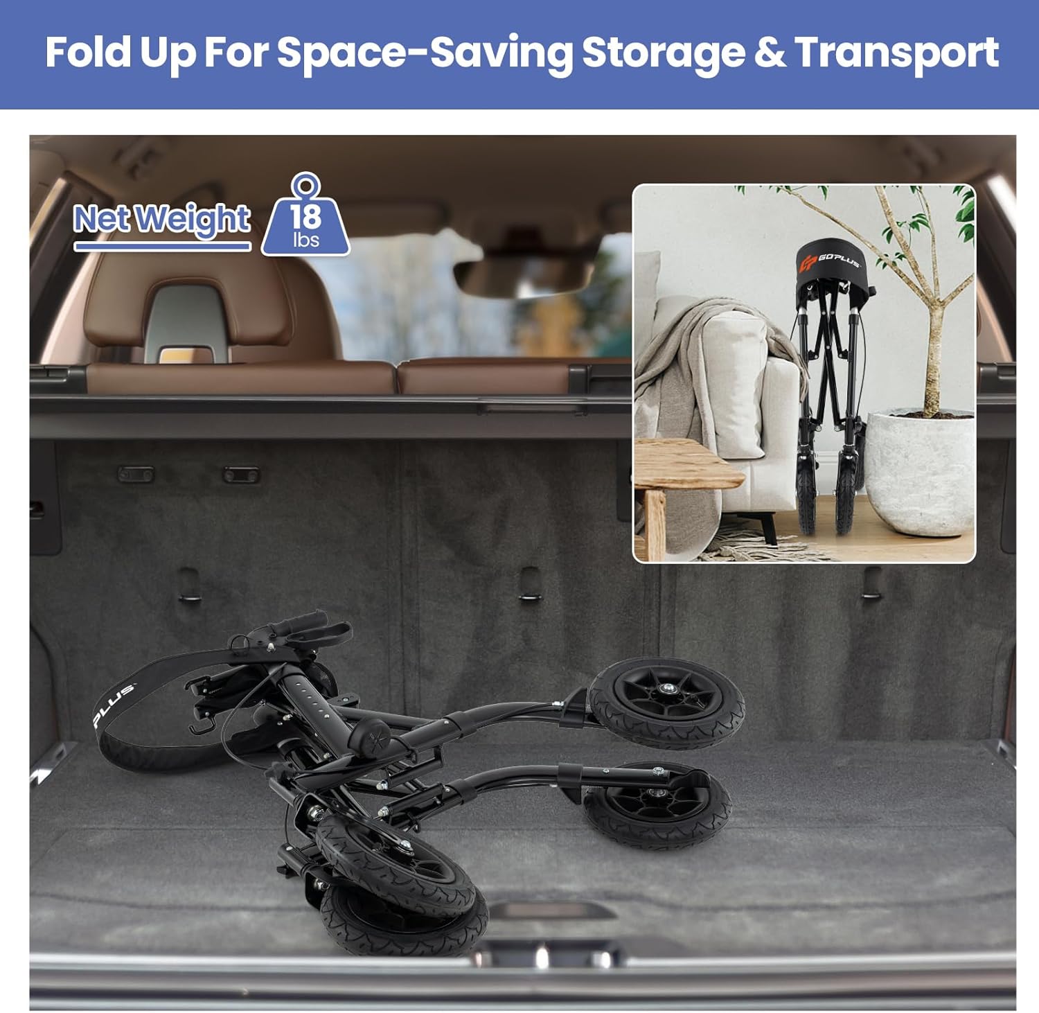 Goplus Rollator Walker folded for storage in a car trunk