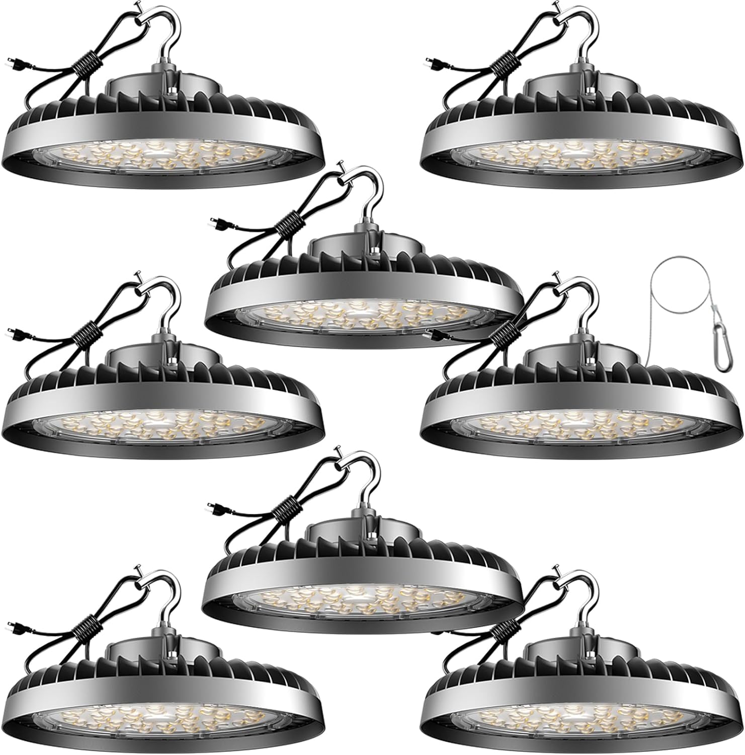 Eight Lightdot 250W LED High Bay Lights with hooks and power cords