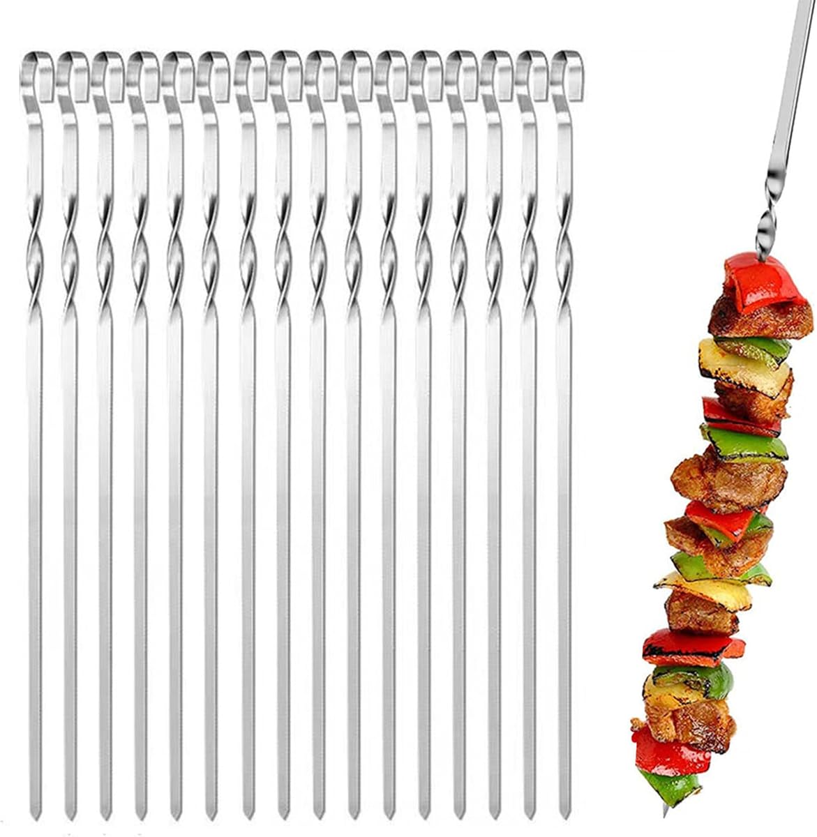 Kabob Skewers 13" Stainless Steel Long BBQ Barbecue Skewers, Flat Metal Kebob Sticks Wide Reusable Grilling Skewers for Meat Chicken, Set of 16pcs with Storage Bag