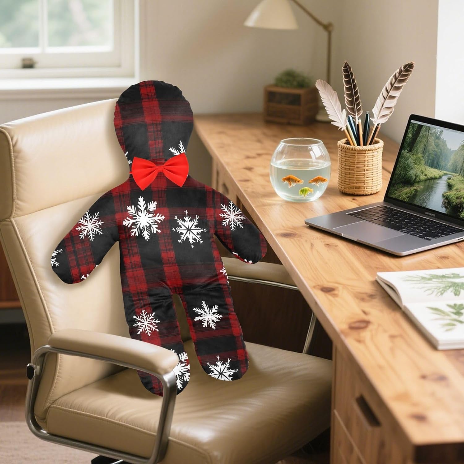 Snowflakes on A Red and Black Plaid Human-Shaped Pillow Soft Body Pillows Washable Velvet Pillows for Anxiety Relief Sleeping Cuddling & Support