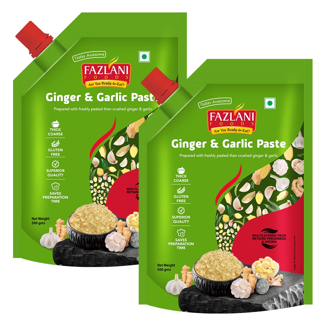 Fazlani Foods Fresh Ginger & Garlic Paste – Authentic, Thick & Flavorful | Gluten-Free, Perfect for Curries, Sauces & Dishes | 500g | Pack of 2