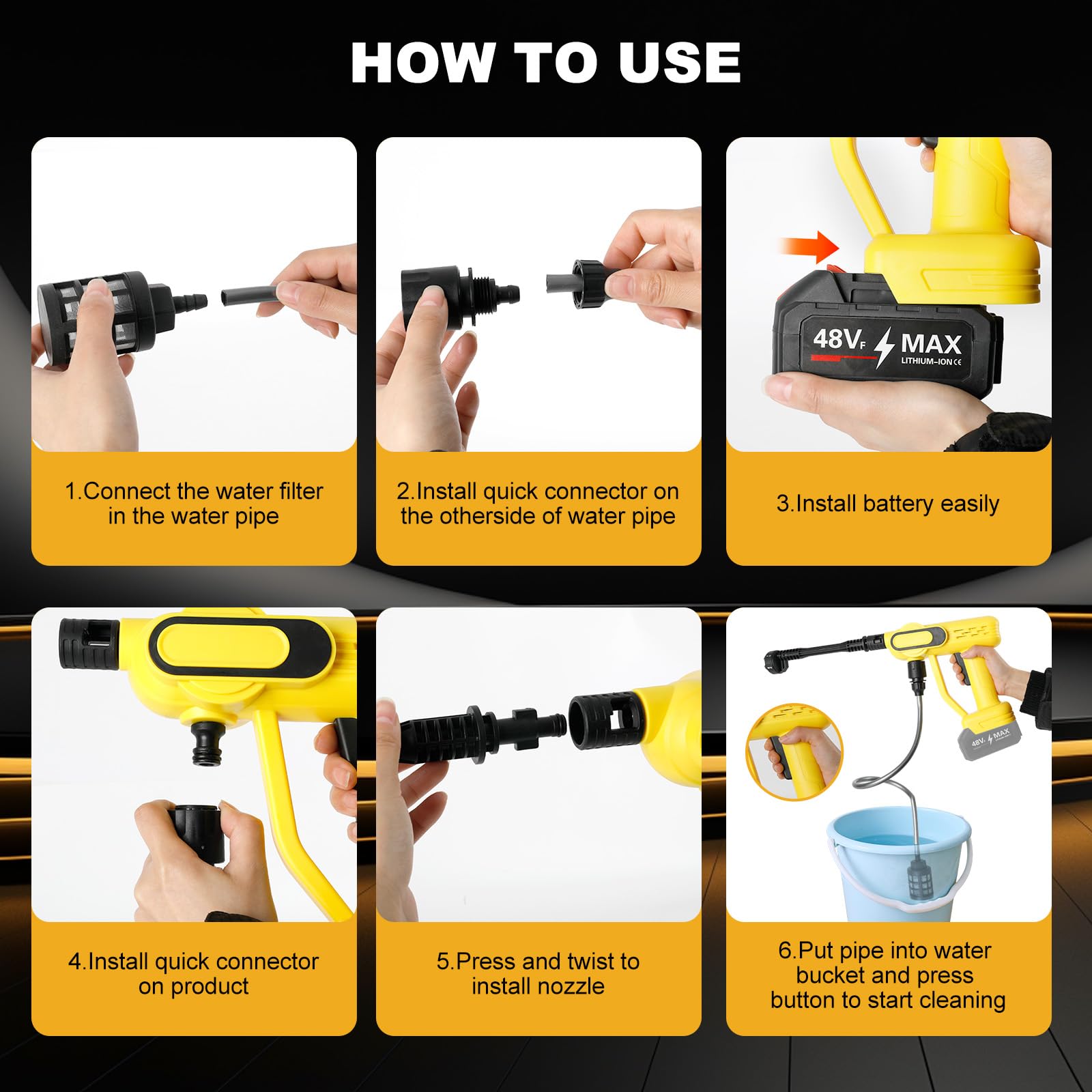 Idropulitrice Portatile, 650 Bar Idropulitrice a Batteria con 2 Batterie da 2400mAh, Motore Brushless, Ugello 6 in 1, Tubo 5 M e Scatola Portaoggetti, per Giardino, Auto e Pulizie Esterne