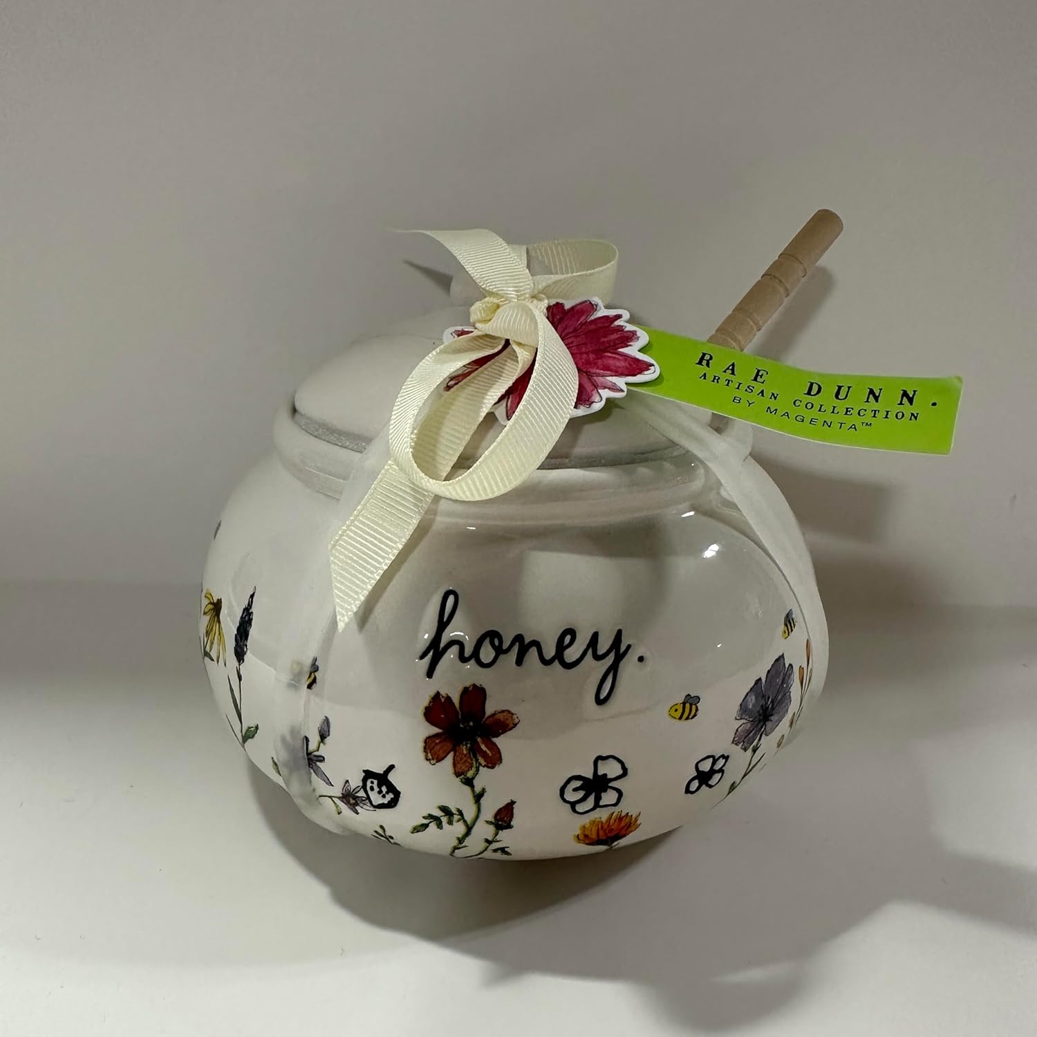 Rae -HONEY Honey Pot - Jar - Canister Allside White, Floral Figures- Dunn By Magenta