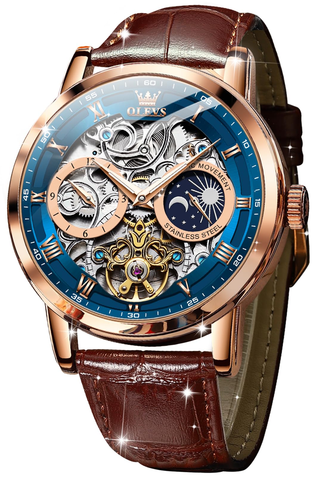 OLEVS Mens Automatic Watches Self-Winding Starry Sky Diamond Skeleton Luxury Wrist Watch Waterproof Luminous