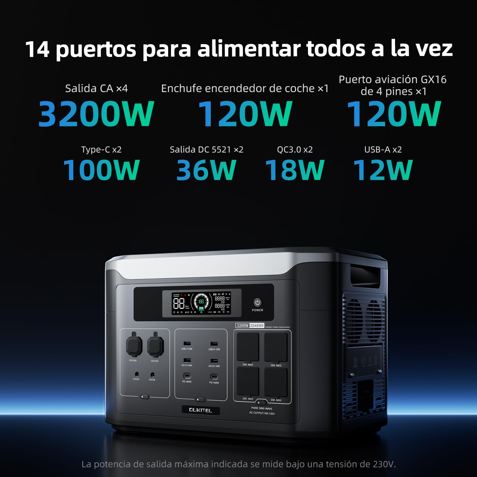OUKITEL 3200W (6400 Pico) Estacion de Energia Portatil BP3000E, Generador Solar 2048Wh Ampliable hasta 16KWh, Batería LiFePO4, Carga al 80% en 45 min, 16 Puertos, Power Station para Camping, Caravana