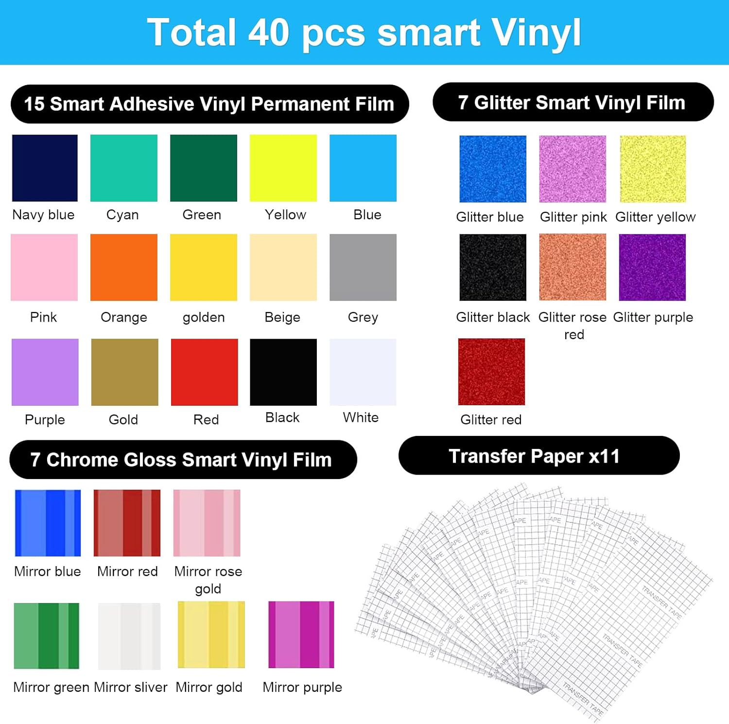 Smart Vinyl Permanent for Cricut Joy, 40 Sheets(5.5 x 12in) Craft Adhesive Vinyl, 29 Colors Vinyl Bundle Pack for Signs Stickers Decals Walls Doors & Windows