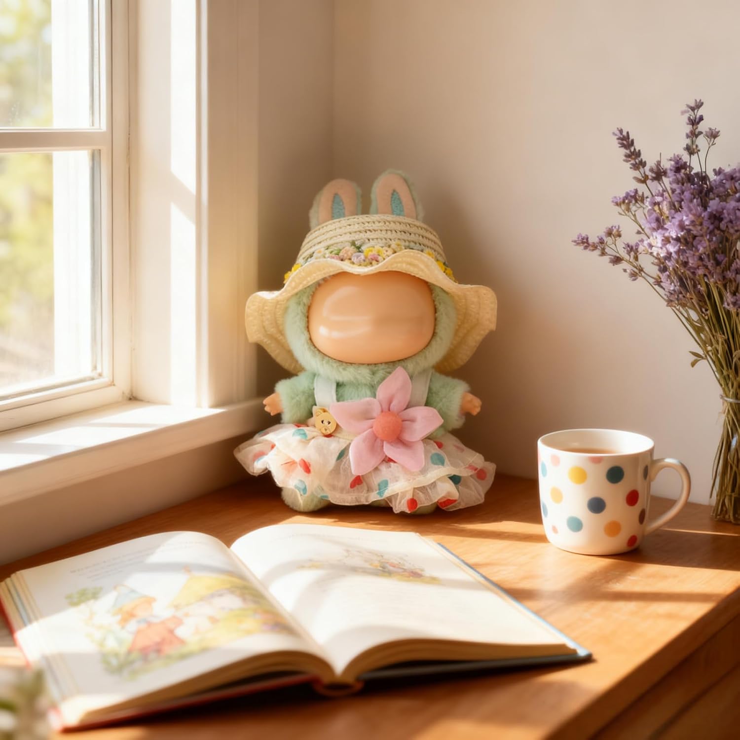 Doll Clothes for 17cm Dolls, Premium Handmade Cute Doll Dress 3 Piece Set Including a Weaving Hat, Clothes and Flower Clip with High-End Dolls Accessories for Play & Display - White