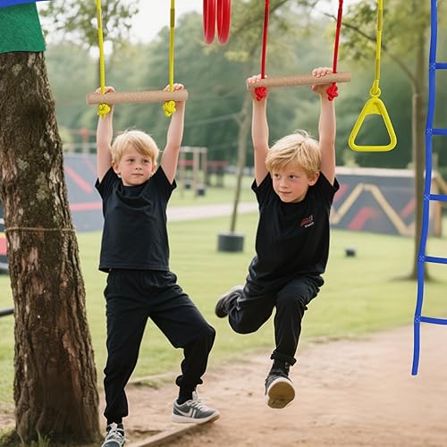 Miniatura 7 de Carrera de obstáculos Ninja Warrior de 2 x 55 pies para niños con 13 accesorios de carrera de obstáculos columpios, barras de mono, entrenadores de