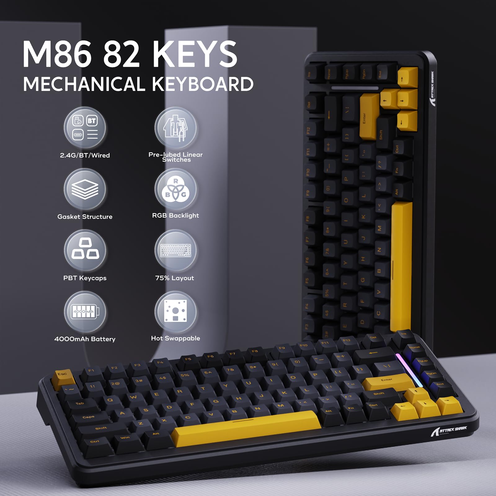 ATTACK SHARK M86 Teclado Mecánico Gasket, Teclado para Juegos RGB Inalámbrico Tri-Mode (BT/2.4G/USB-C) al 75%, Teclado Intercambiable en Caliente, Interruptores Lineales, 4000mAh - Queso Negro Frío