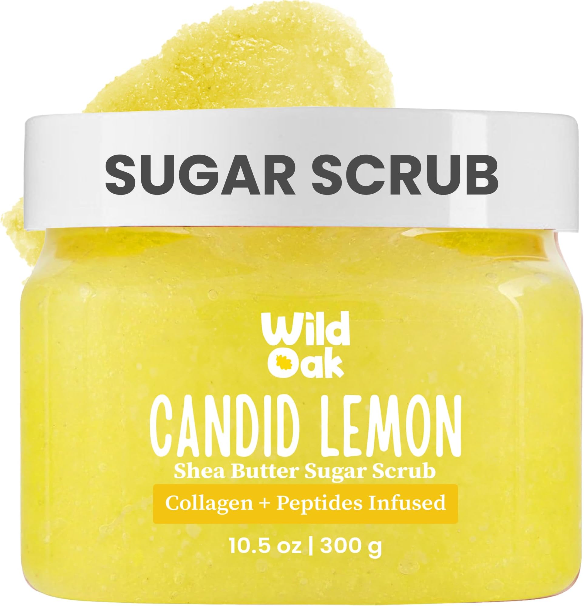 WildOak Candid Lemon Sugar Body Scrub | 300g | Kojic Acid, Hyaluronic Acid, Ceramides, Collagen & Peptides | De-Tan & Brightens Dark Areas | Smooths Strawberry Legs & Arms | Hydrates & Exfoliates
