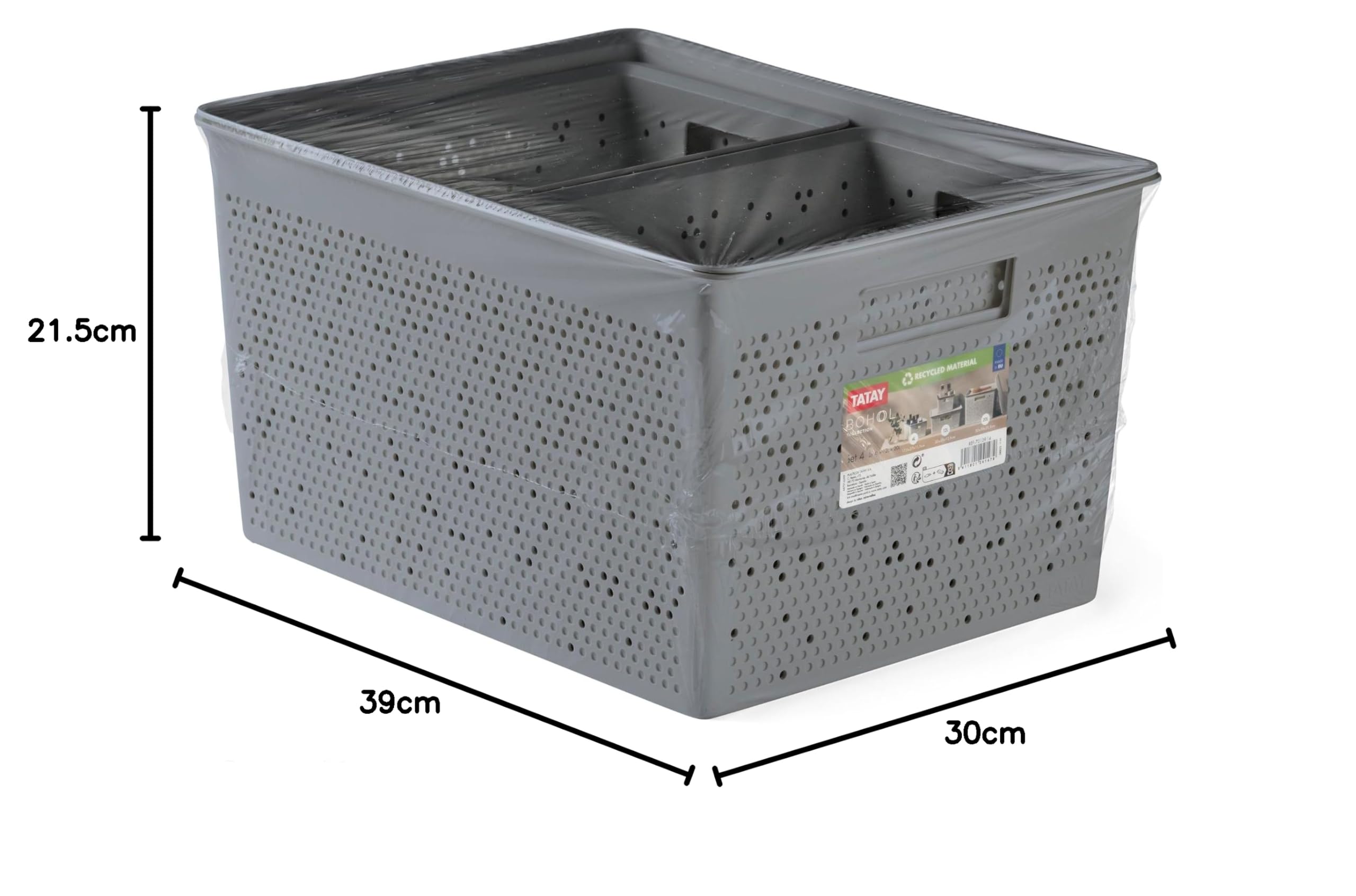 TATAY Cestino Portaoggetti Bohol Set da 4 Pezzi Senza BPA Manici Integrati | Cestino Portaoggetti Casa | Misure 30x39x21,5 cm | Plastica Riciclata | Design Impilabile | Ventilazione Ottimale, Grigio