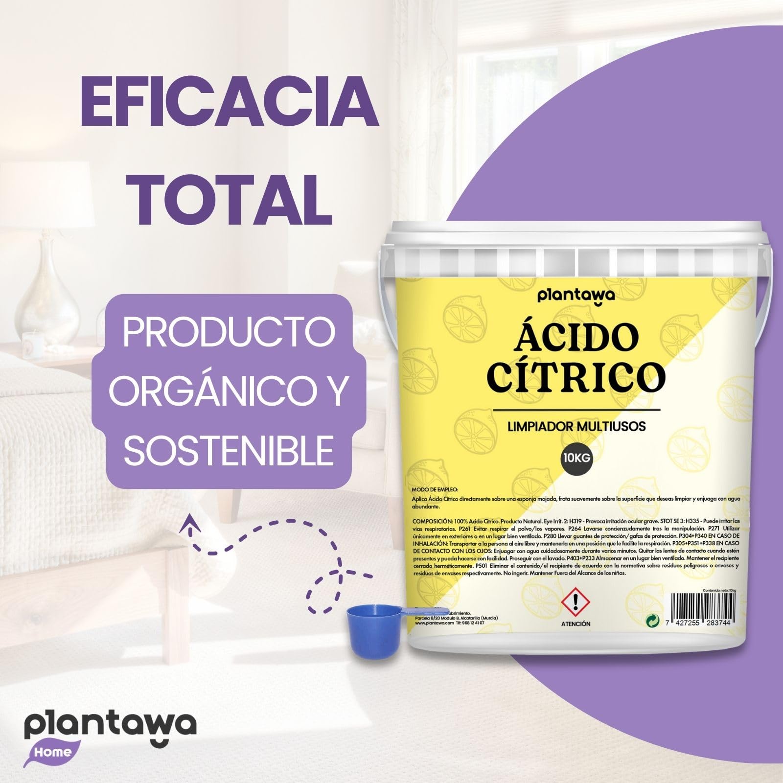 PLANTAWA Ácido Cítrico en Polvo 10kg | Acido Citrico para Limpieza Doméstica Intensiva | Elimina Cal, Sarro y Manchas | Alta Solubilidad | Limpieza Multiusos en Gran Volumen