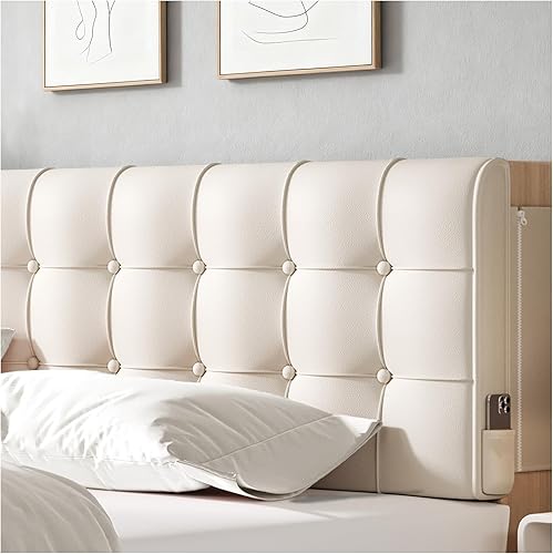 Upholstered Wall Mounted Headboard Full Size with Removable Beige Cushion Peel and Stick Headboard Cover Soft Padded Backrest for Dorm Bed Frame Bedroom Decor Washable Adhesive Head Board (Full,Beige)