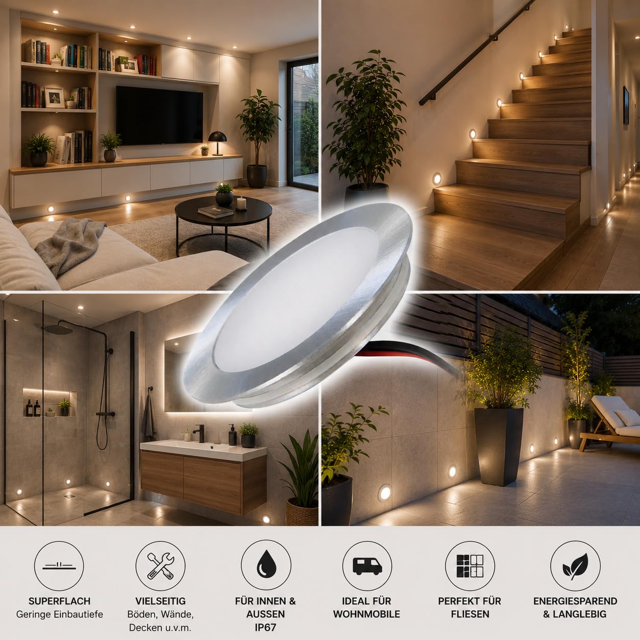 4er Set Superflache LED Boden Einbauspots Tom - 12V, Rund, Warmweiss, IP67, Trittfest & Begehbar, Lochausschnitt 46mm, inkl. LED Trafo - Kompakte Einbaustrahler für jeden Einsatzort geeignet.