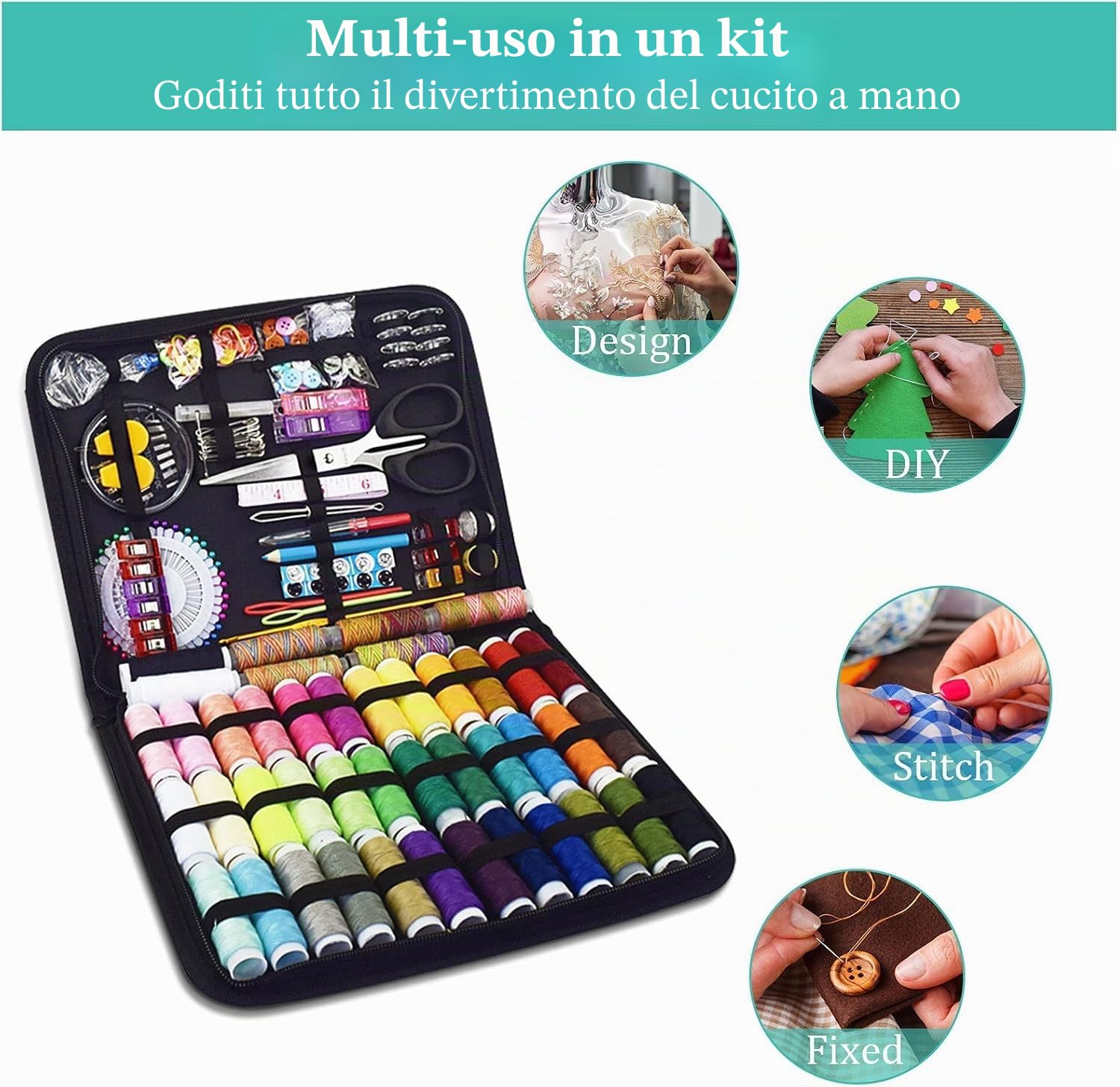 Kit da cucito, Set con 264 Pezzi, Incluso Borsa da Viaggio, Adatto a Casa, Viaggio e Emergenza, Uso Portatile