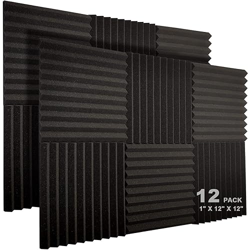 JBER 12 Pack Acoustic Foam Panels, 1" X 12" X 12" Studio Soundproofing Wedges Fire Resistant Sound Proof Padding Acoustic Treatment Foam (Black)