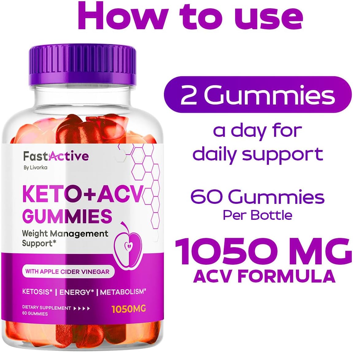 (2 Pack) Fast Active Keto ACV Gummies, Fast Active Keto Gummies 1050MG, FastActive Apple Cider Gummies, Fast Active Keto Gummy Advanced Formula, FastActive Keto ACV Gummies, 120 Gummies for 2 Months