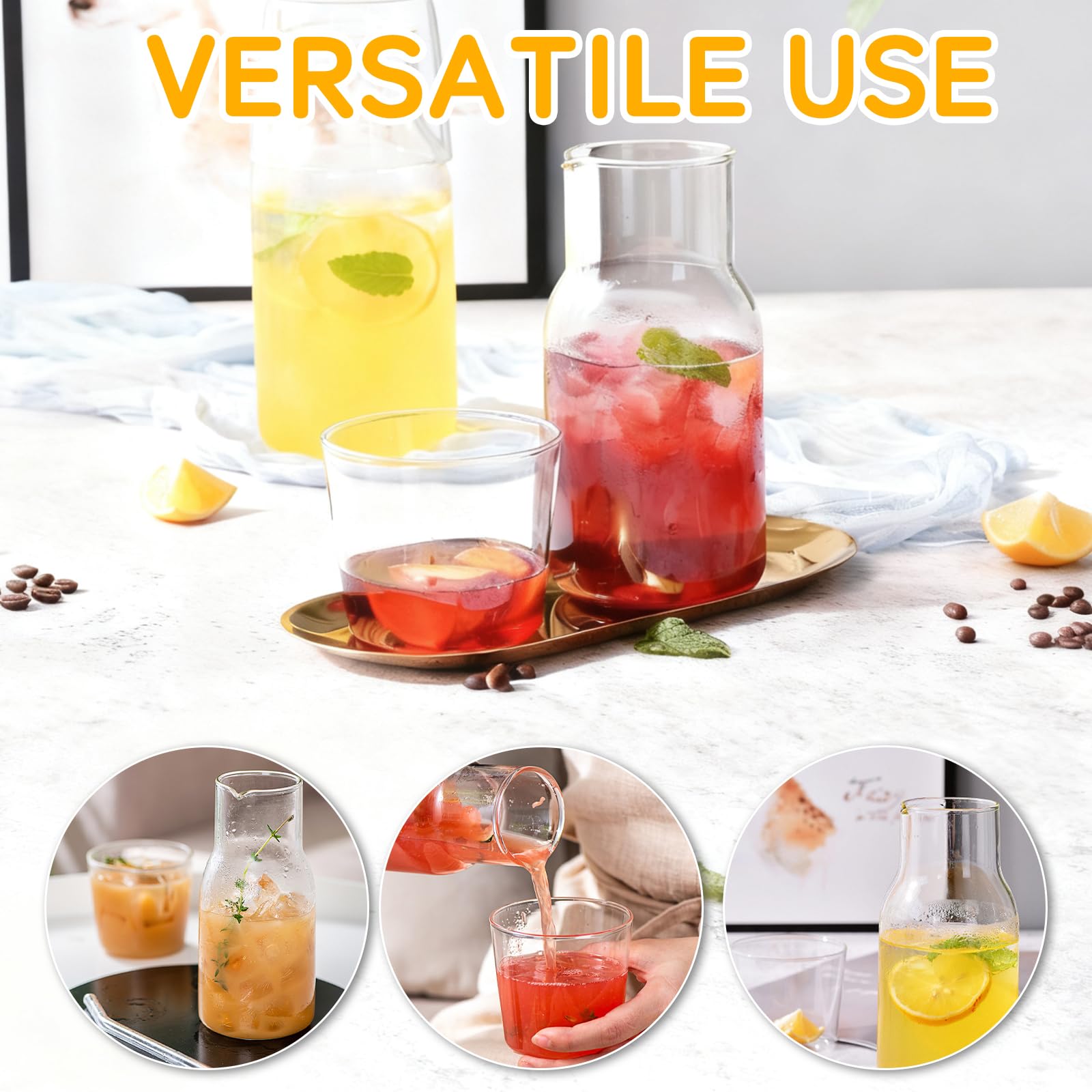 Set di 6 caraffe da comodino con bicchiere, caraffa da comodino in vetro trasparente da 550 ml e set di bicchieri, brocca per acqua succo, per comodino, cucina, camera da letto, bagno
