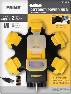 Prime PBPHU345 Outdoor Black/Yellow Power Hub 2-Port 3.4 Amp USB Charger w/5 AC Outlets