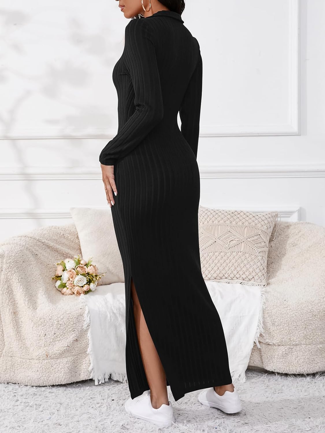 Women's Casual Long Sleeve Collar V Neck Maxi Sweater Dress Sexy Slit Thigh Ribbed Knit Bodycon Pencil Dresses - Image 4