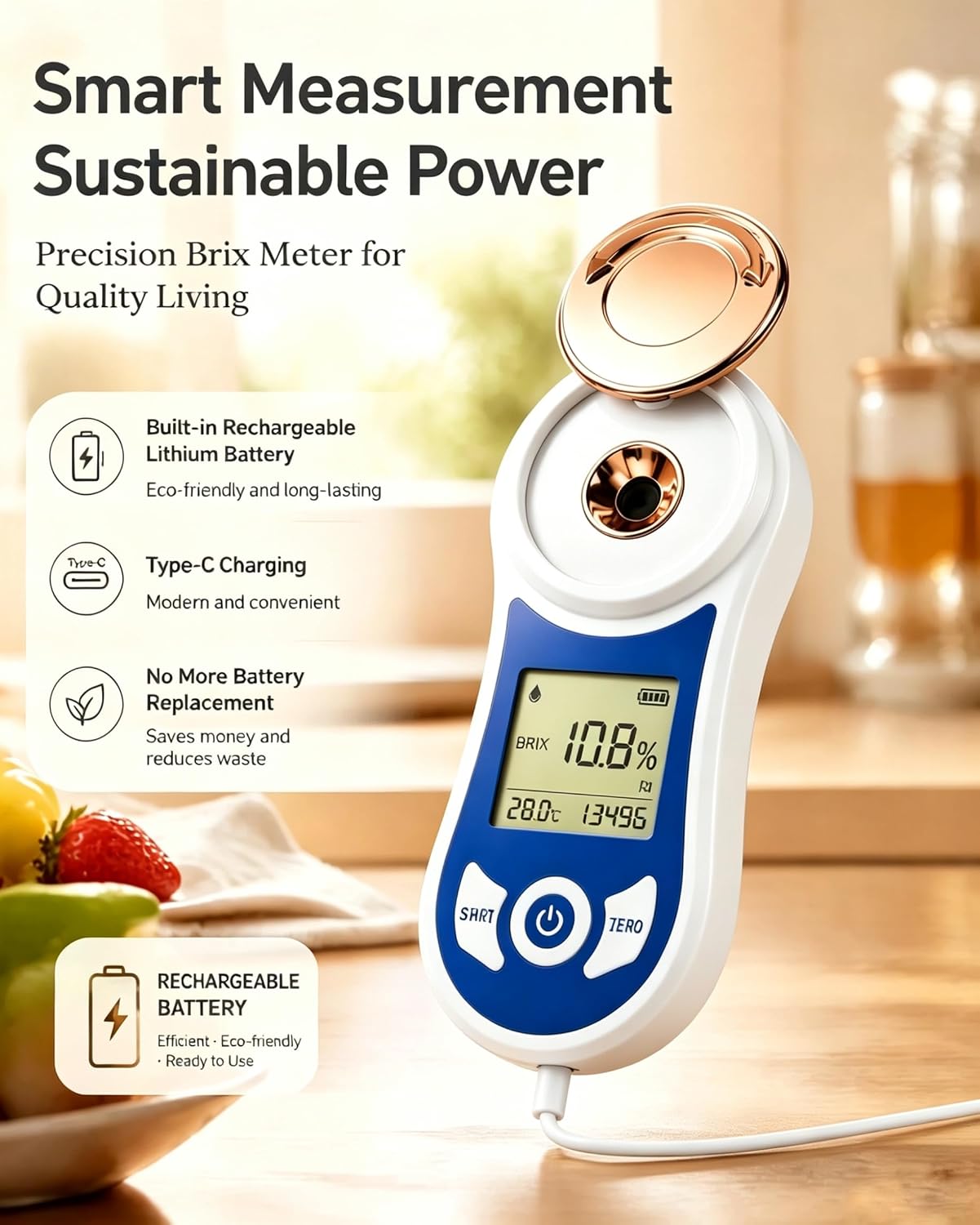 Rechargeable Digital Brix Refractometer 0-55% Range, 3 Second Results, Brix Meter Tester with ATC for Wine Making, Home Brewing, Fruits Juice & Coffee