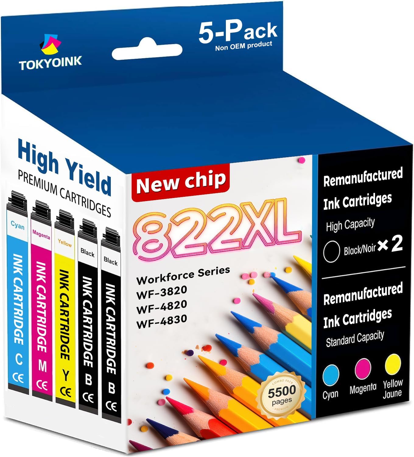 822XL Ink Latest Upgrade Remanufactured Replacement for Epson 822XL Ink Cartridges Compatible for 822 822 XL T822XL Ink for Workforce Pro WF-3820 WF-4830 WF-4820 WF-4830 WF-4833 WF-4834 (5 Pack)
